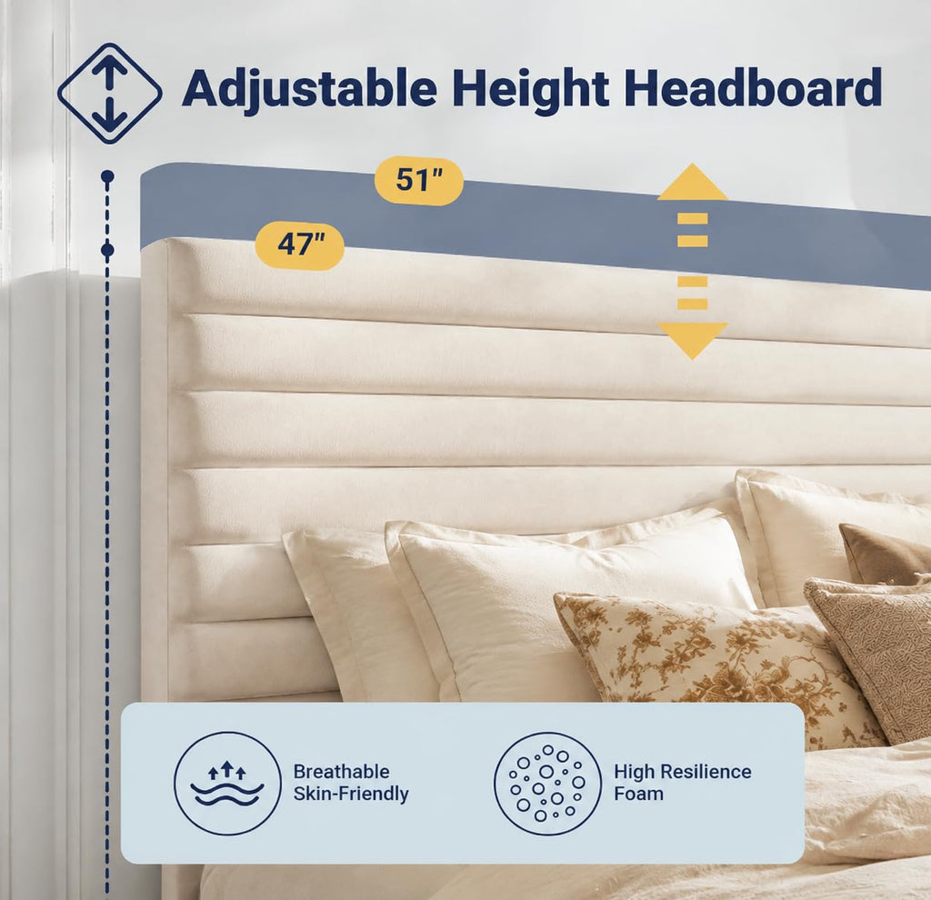 Queen Velvet Upholstered Bed Frame with Adjustable Headboard Z688246