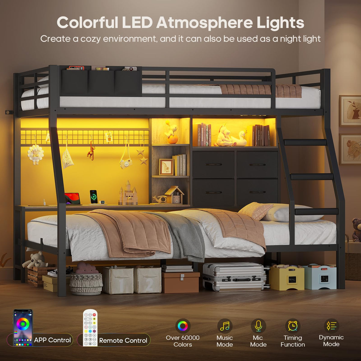 Black Twin Over Twin Bunk Bed with Charging Station & LED Lights C27928