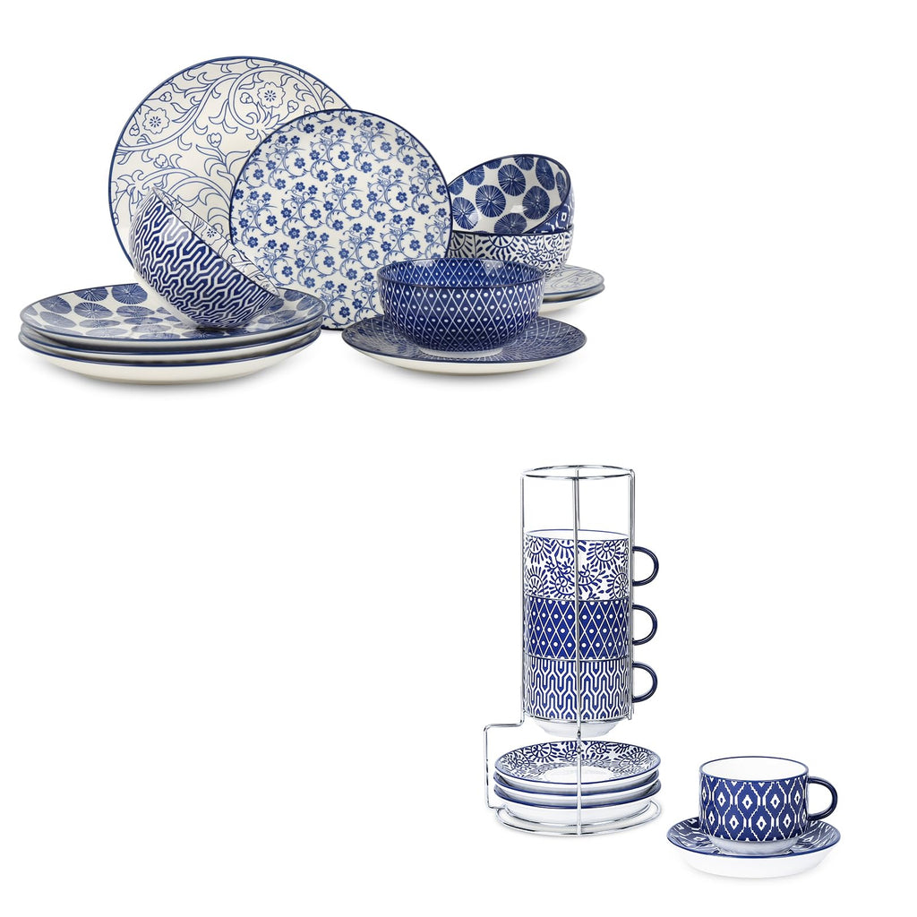 Ceramic Dinnerware Sets 12 Piece Cappuccino Cups with Saucers and Metal Stand I94814