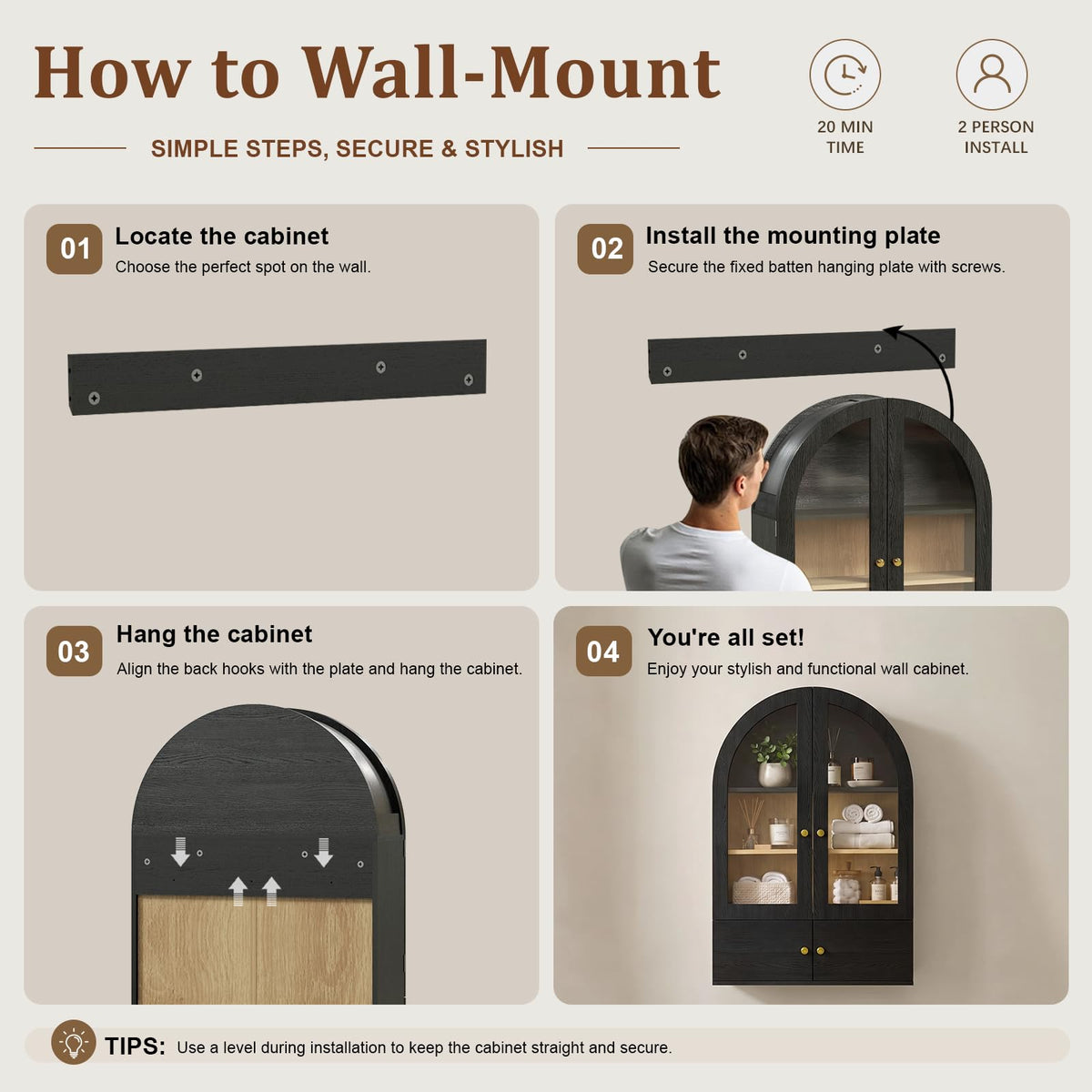 Black Arched Wall Mounted Cabinet with Glass Doors L58476