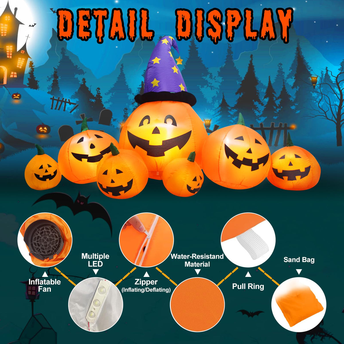 8 FT Inflatable Pumpkins and Witch Hat with Built-in LED Lights S659140