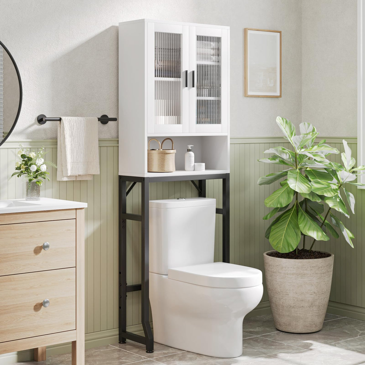 White Over The Toilet Storage Cabinet with Glass Doors T355