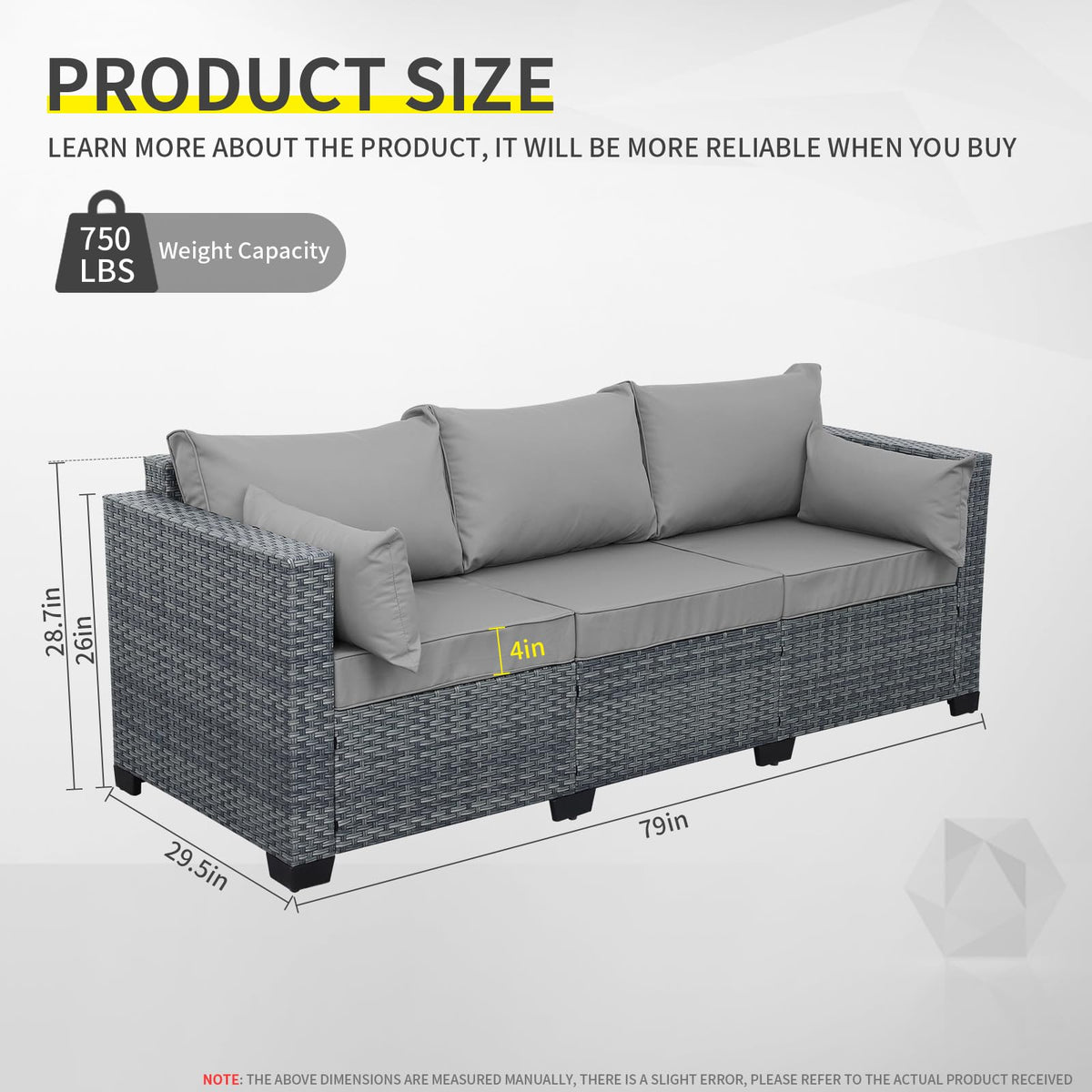 Light Grey Wicker 3-seat Outdoor Sofa with Cushions T925