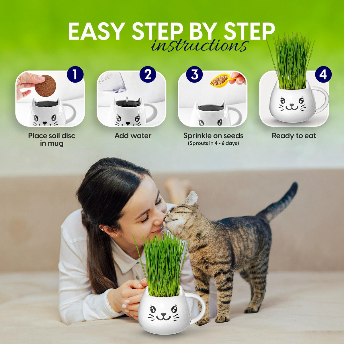 Cat Grass Growing Kit with Seeds, Soil & Ceramic Planter X414