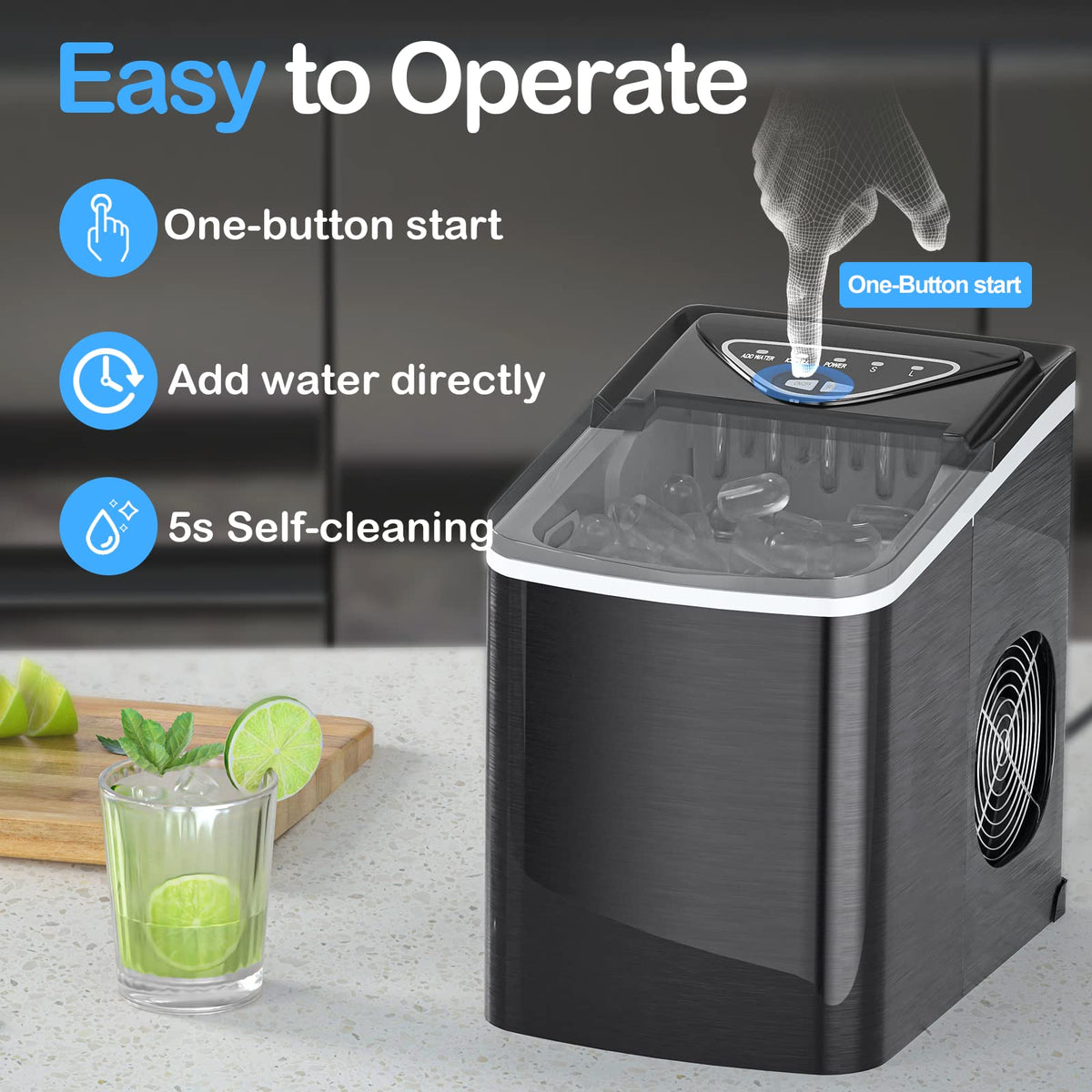 Black Countertop Ice Maker with Scoop and Basket U3606