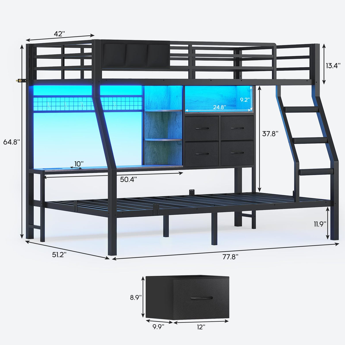 Black Twin Over Twin Bunk Bed with Charging Station & LED Lights C27928