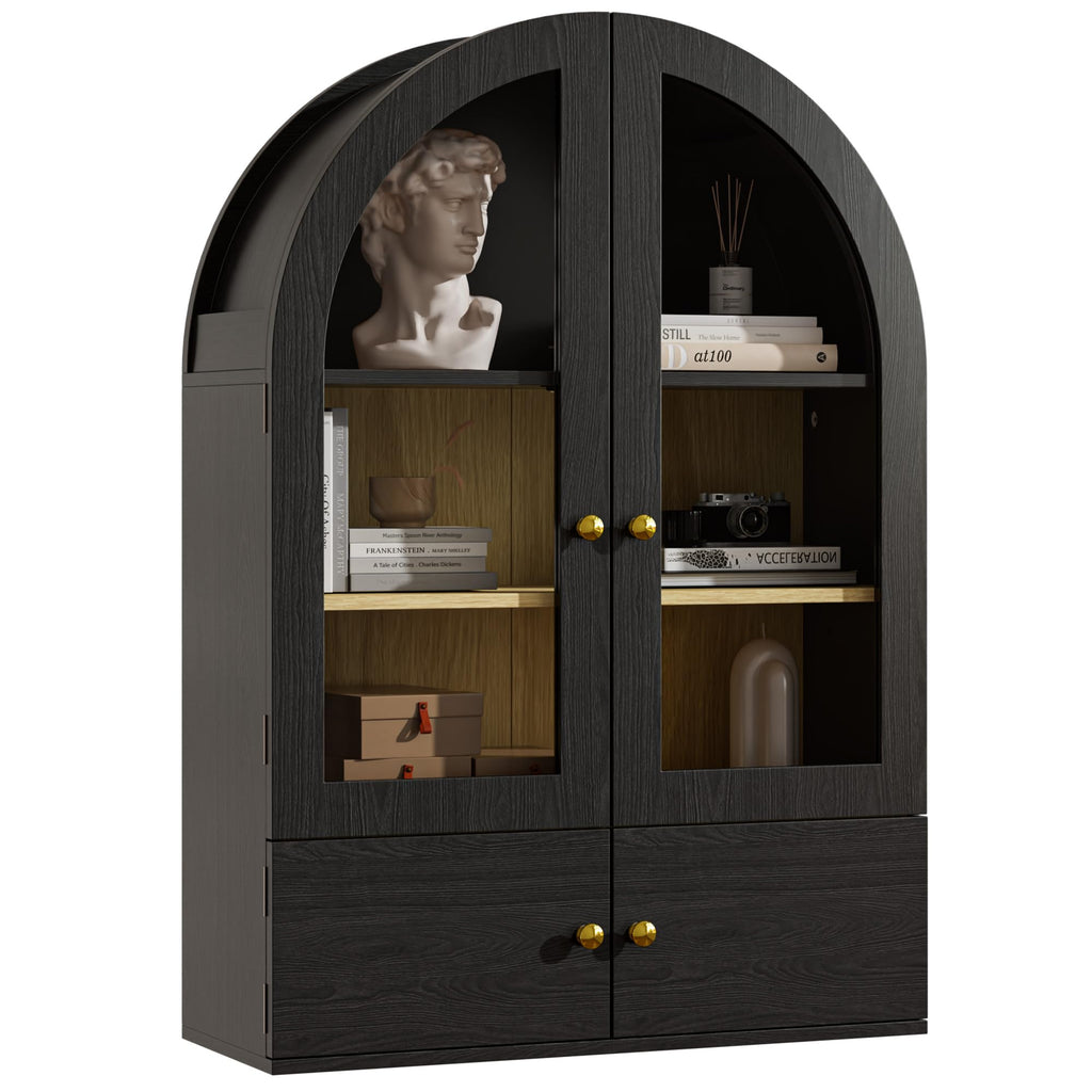 Black Arched Wall Mounted Cabinet with Glass Doors L58476