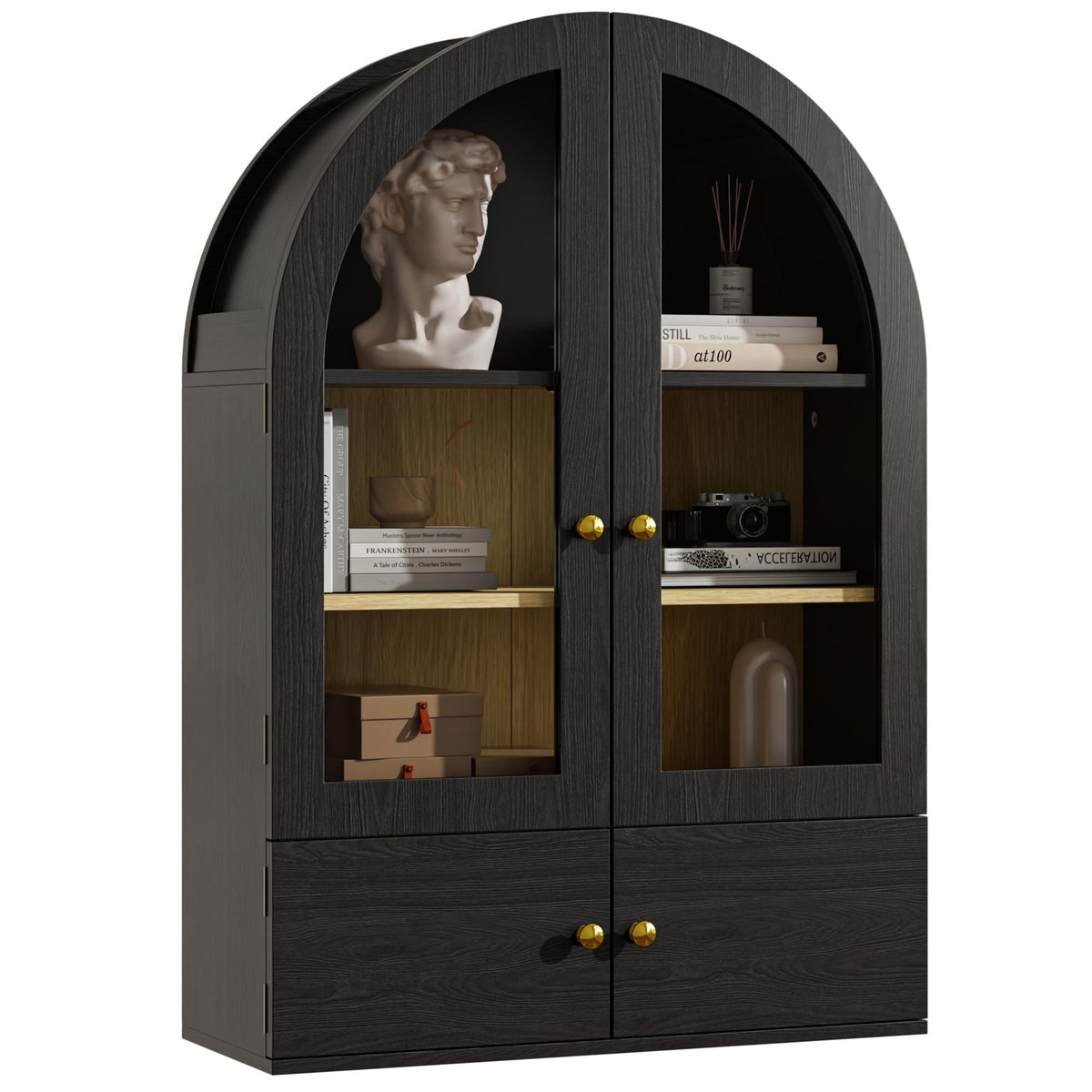 Black Arched Wall Mounted Cabinet with Glass Doors L58476
