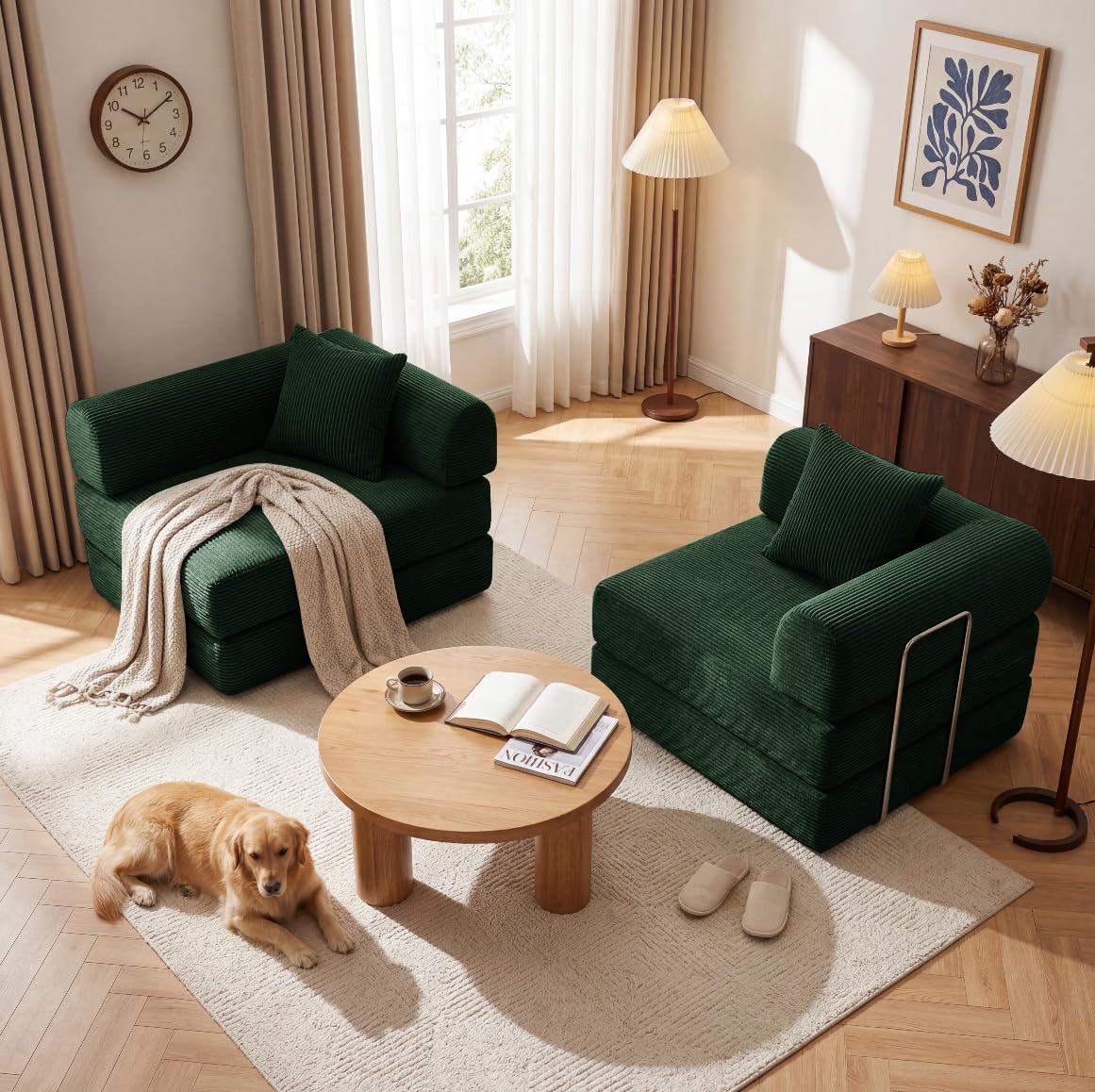 Green Corduroy Convertible Sofa Bed with 2 Pillows D76486