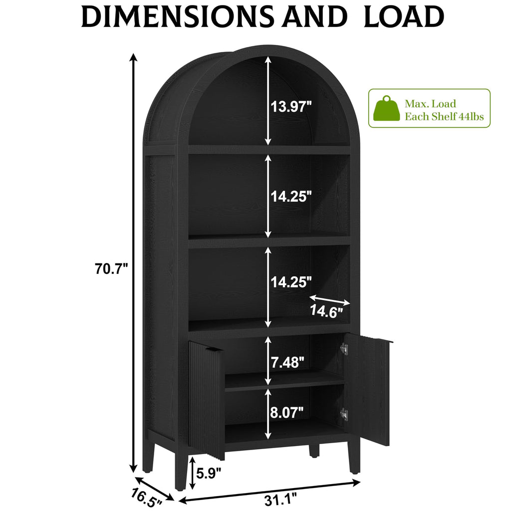 Black 5-Tier Arched Bookshelf with Fluted Doors N67108
