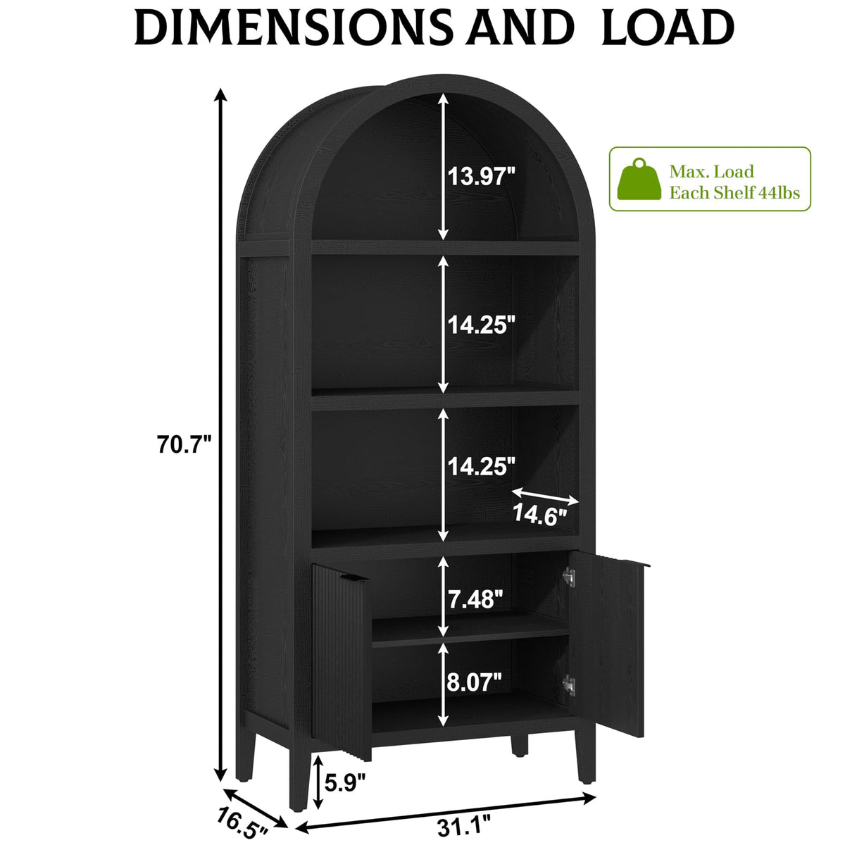 Black 5-Tier Arched Bookshelf with Fluted Doors N67108