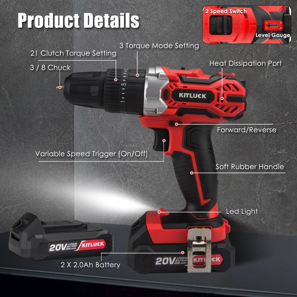 Cordless Drill Set 20V 2 Battery 44pcs Bits 3/8'' Chuck R64552