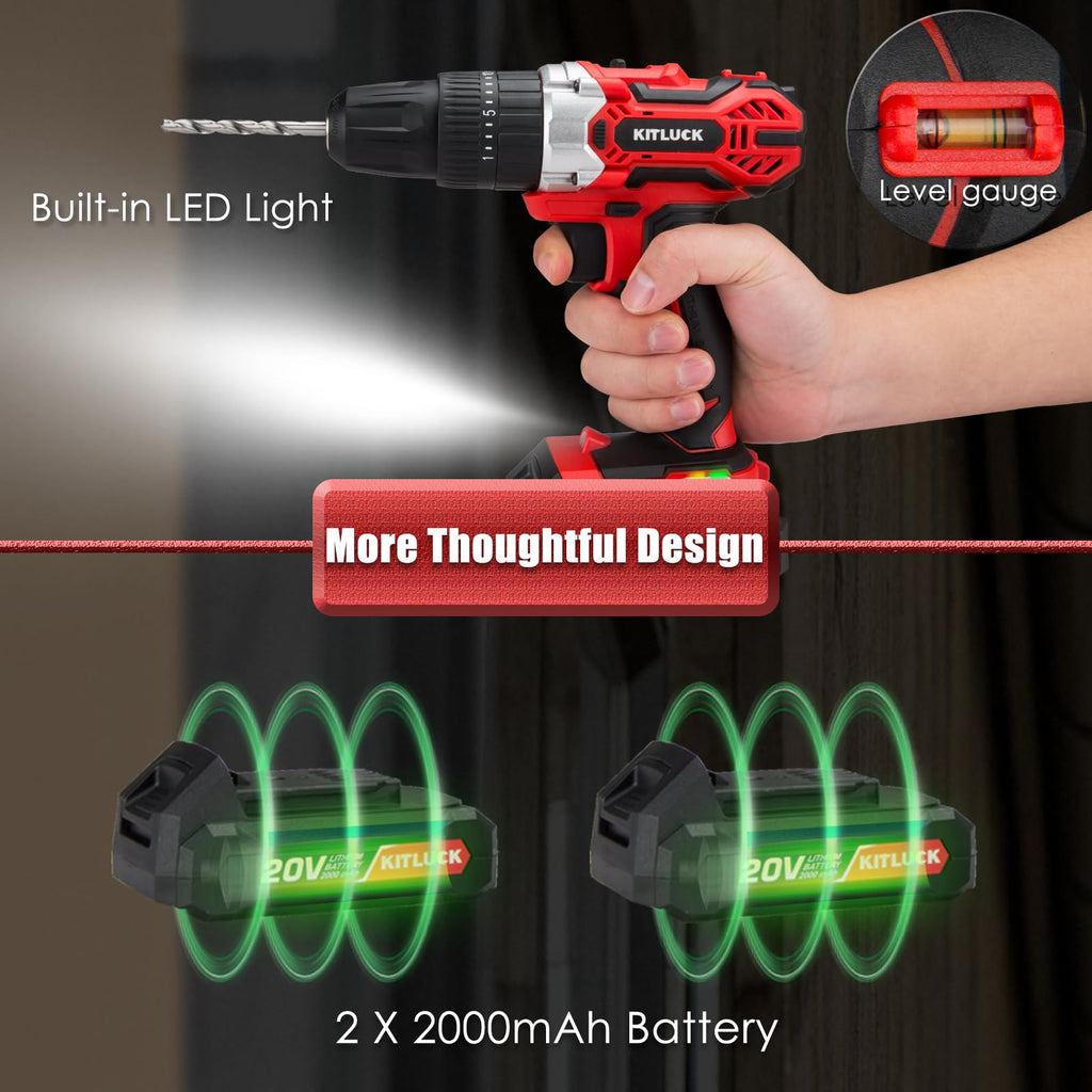 Cordless Drill Set 20V 2 Battery 44pcs Bits 3/8'' Chuck R64552
