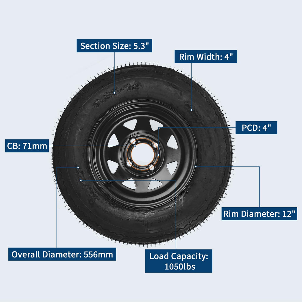 2-Pack Trailer Tire On Rim 5.30-12 4 Lug 12 in Wheels Load Range C Black A234497