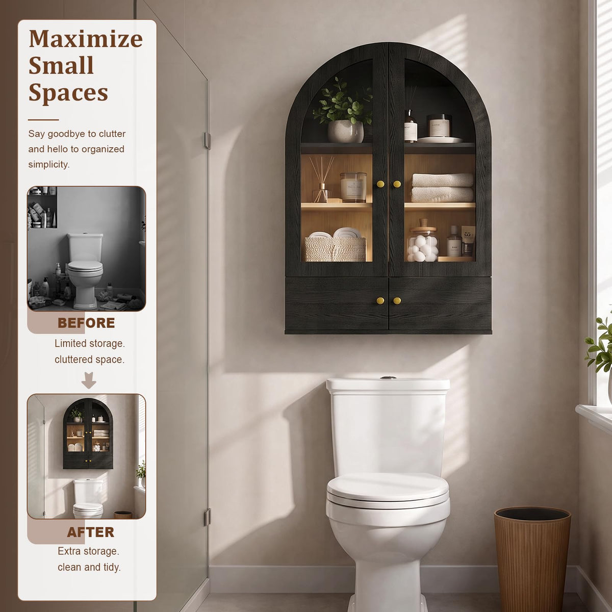 Black Arched Wall Mounted Cabinet with Glass Doors L58476