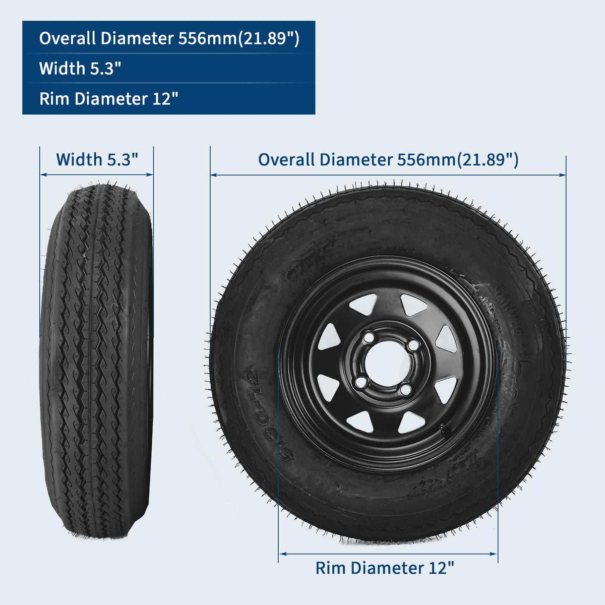 2-Pack Trailer Tire On Rim 5.30-12 4 Lug 12 in Wheels Load Range C Black A234497