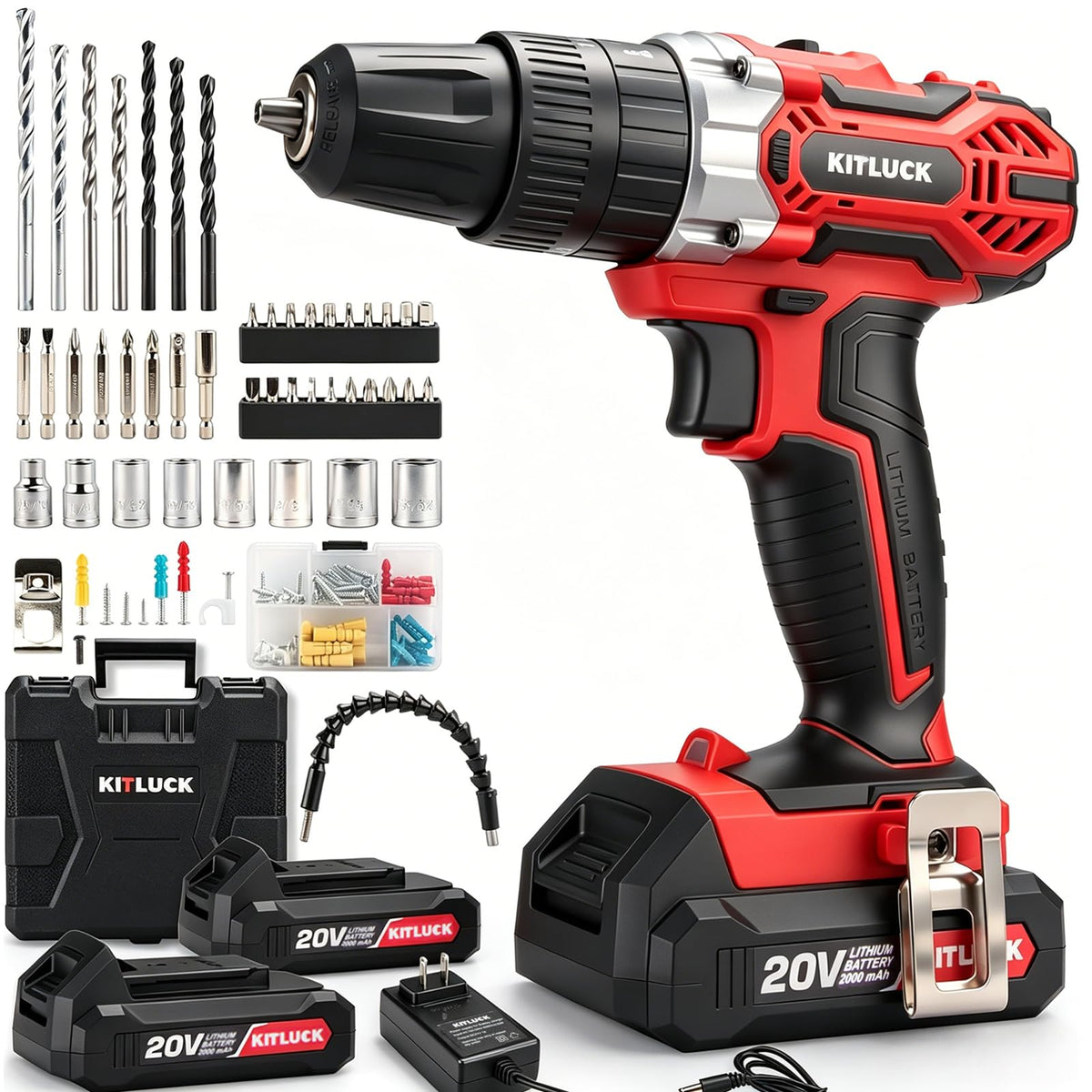 Cordless Drill Set 20V 2 Battery 44pcs Bits 3/8'' Chuck R64552