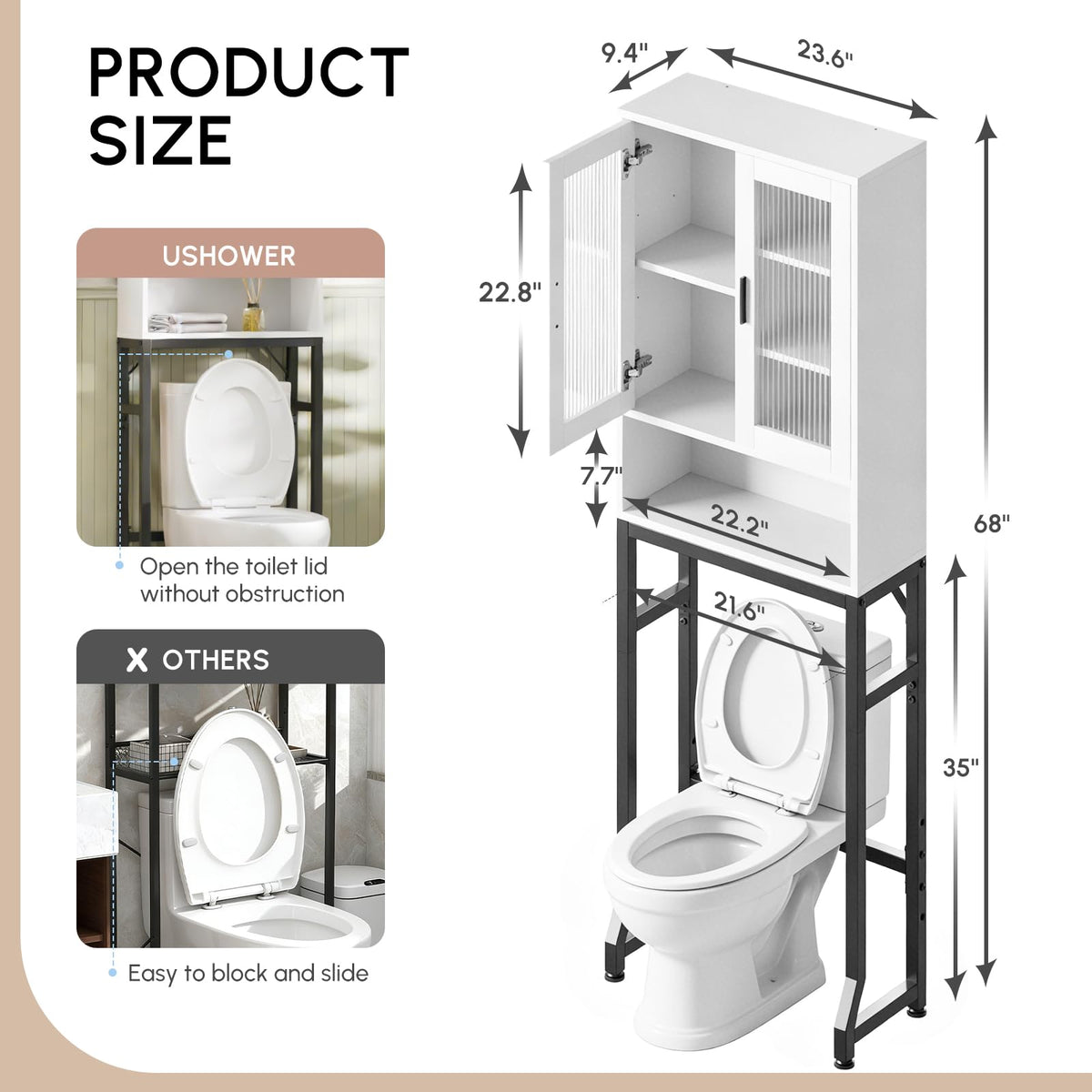 White Over The Toilet Storage Cabinet with Glass Doors T355