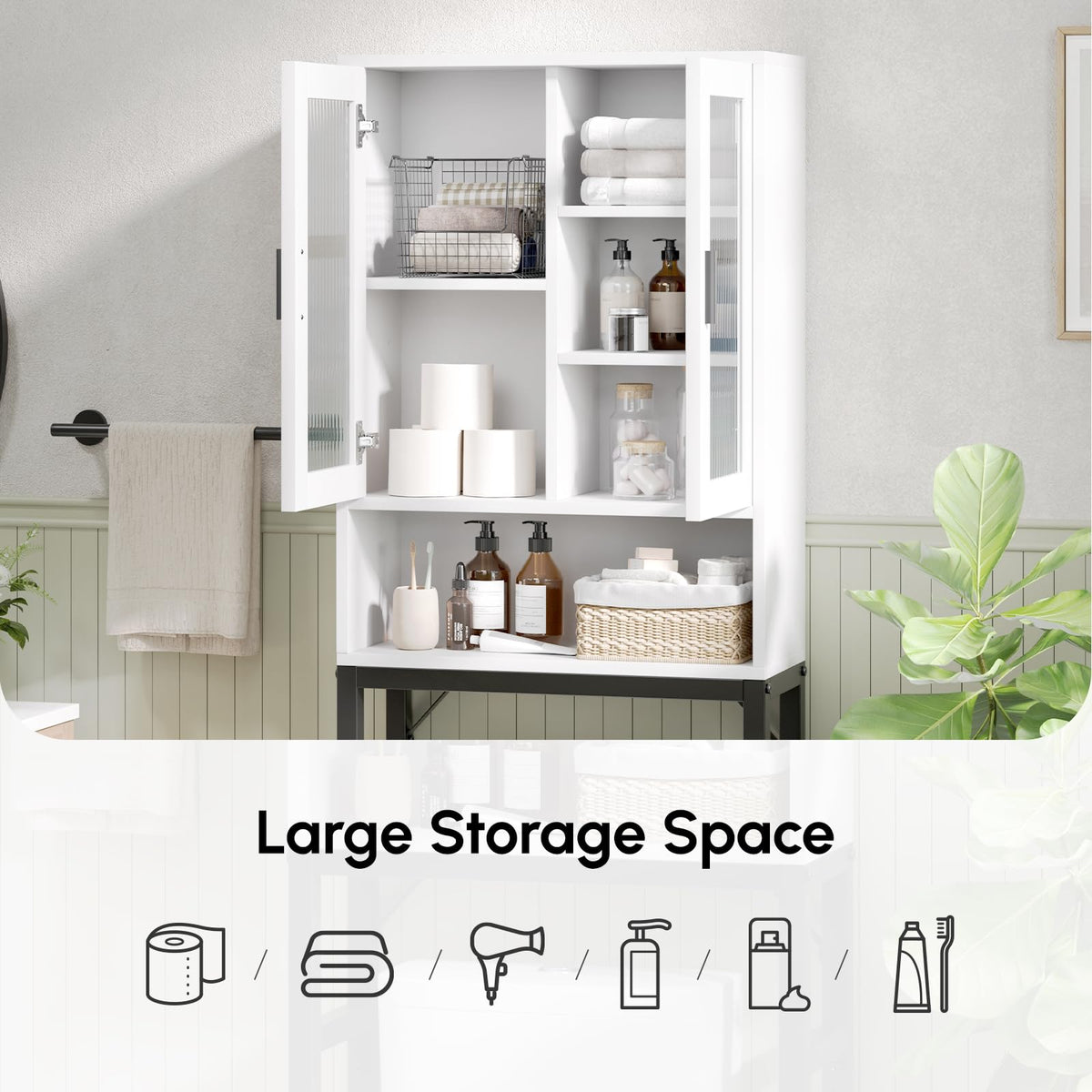 White Over The Toilet Storage Cabinet with Glass Doors T355
