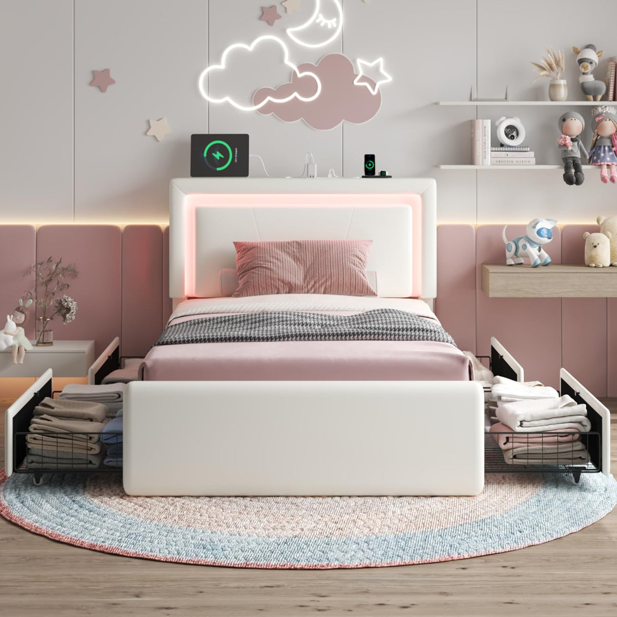 White Twin Size Bed Frame with 4 Storage Drawers Y5788