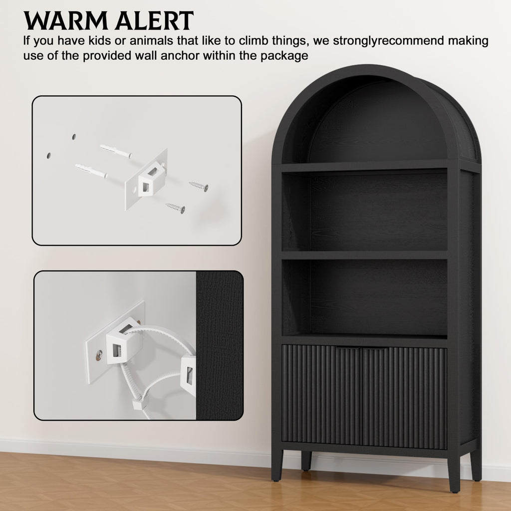 Black 5-Tier Arched Bookshelf with Fluted Doors N67108