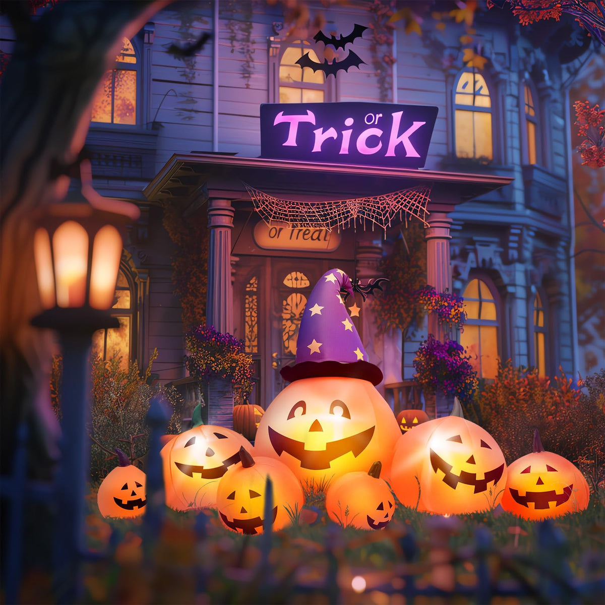 8 FT Inflatable Pumpkins and Witch Hat with Built-in LED Lights S659140