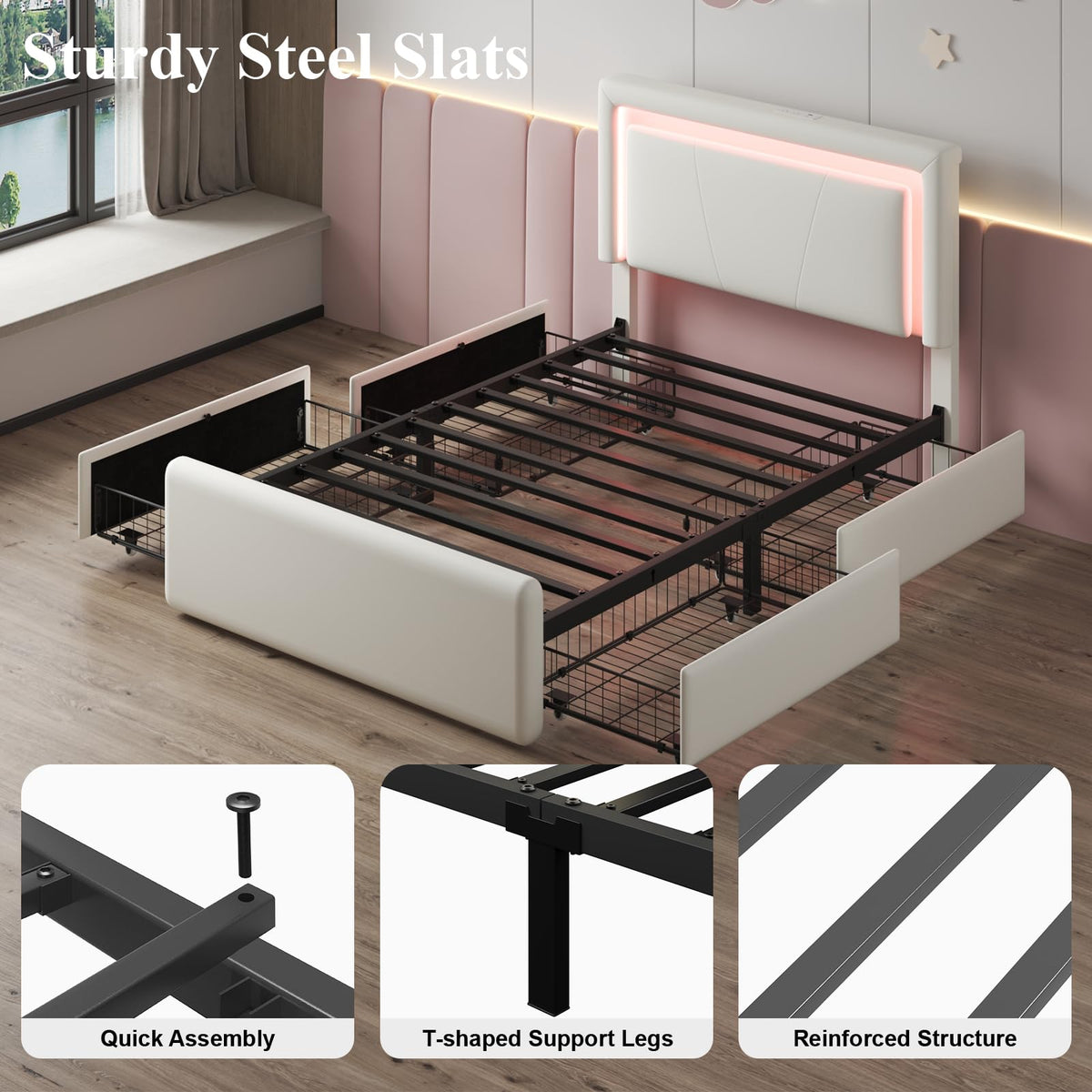 White Twin Size Bed Frame with 4 Storage Drawers Y5788