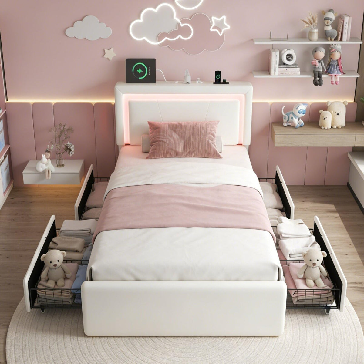 White Twin Size Bed Frame with 4 Storage Drawers Y5788