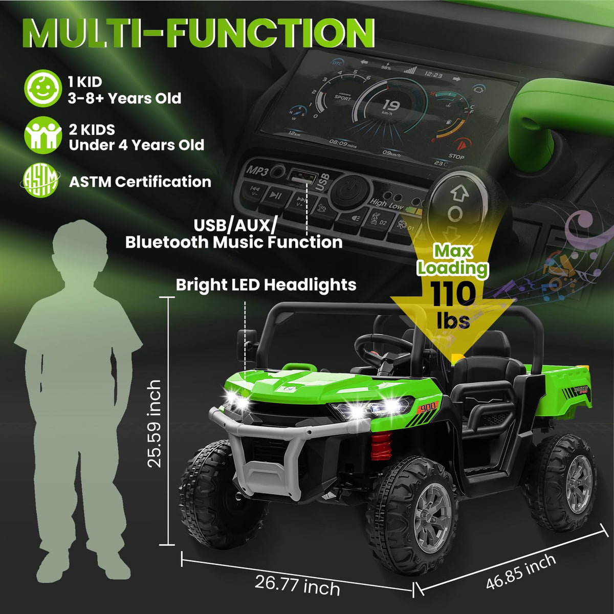 24V 4WD Ride on Truck Car with Dump Bed, 2 Seaters, Remote Control, Green N2511