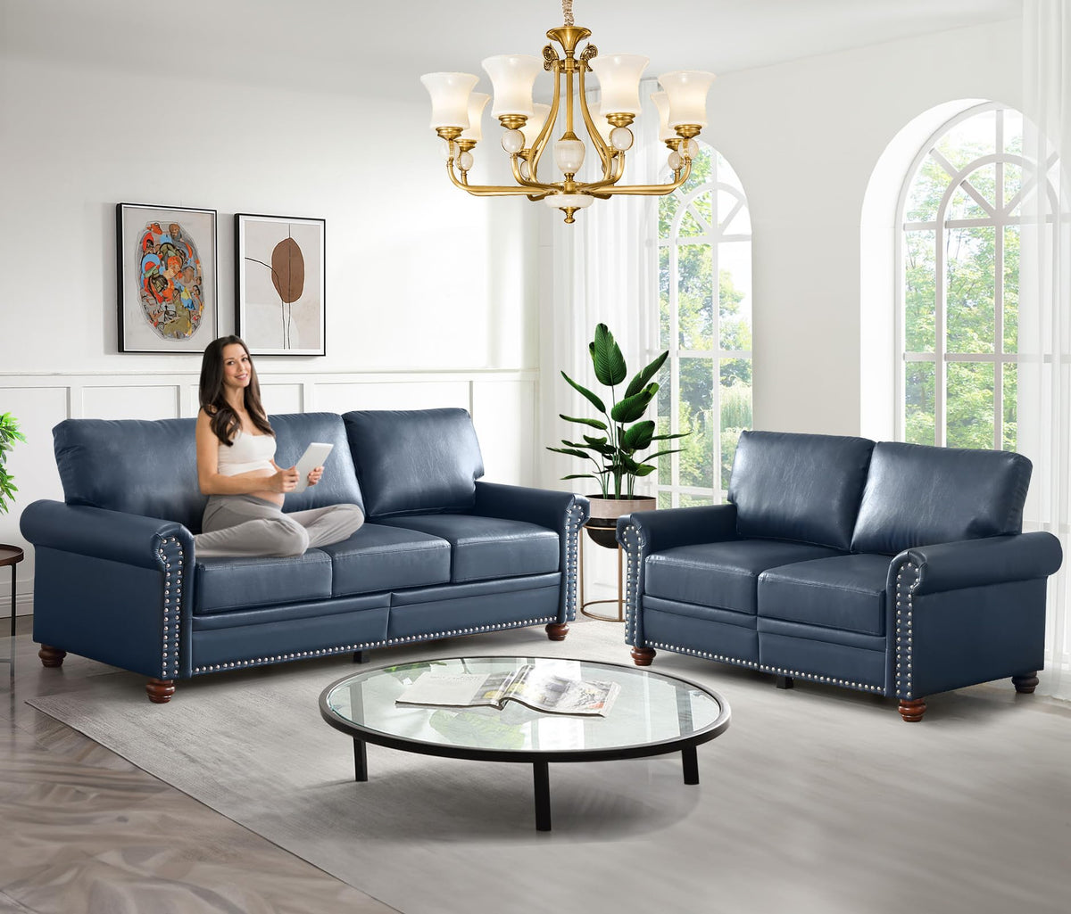 Navy Blue PU Leather Storage Loveseat Sofa C431