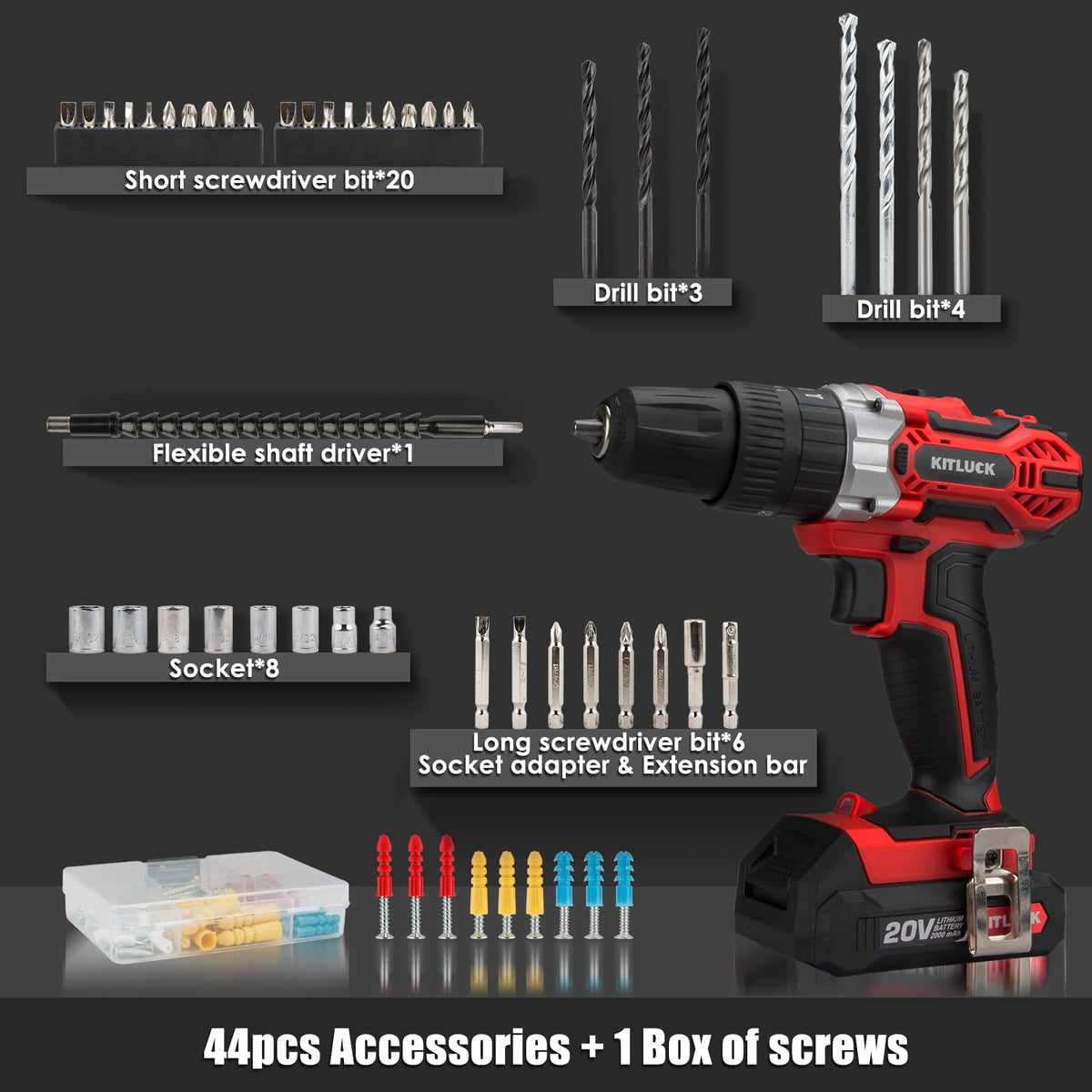 Cordless Drill Set 20V 2 Battery 44pcs Bits 3/8'' Chuck R64552