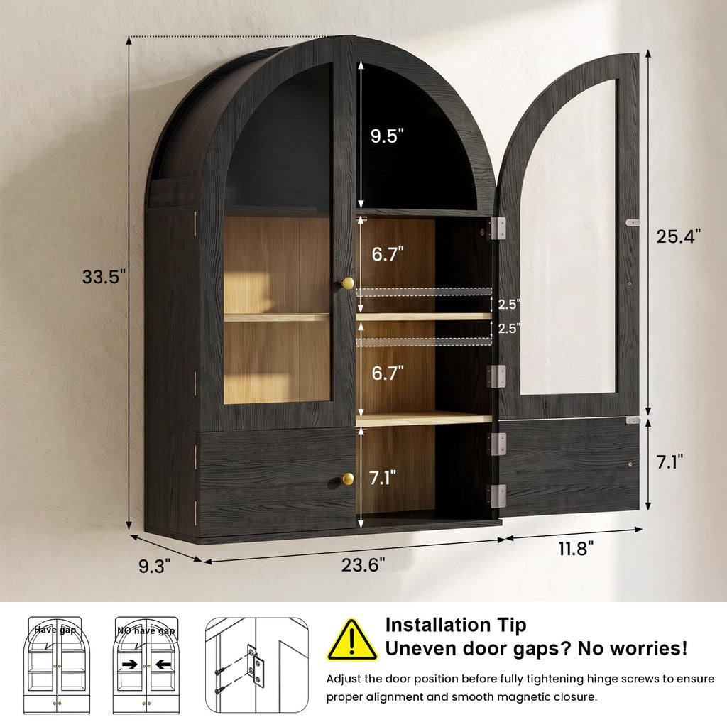 Black Arched Wall Mounted Cabinet with Glass Doors L58476