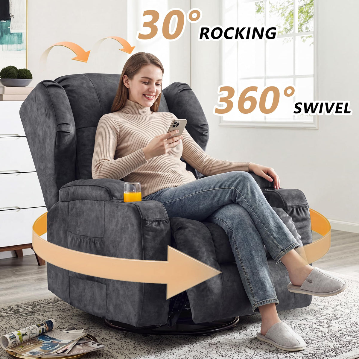 Manual Swivel Rocker Recliner Chair Velvet Grey U143