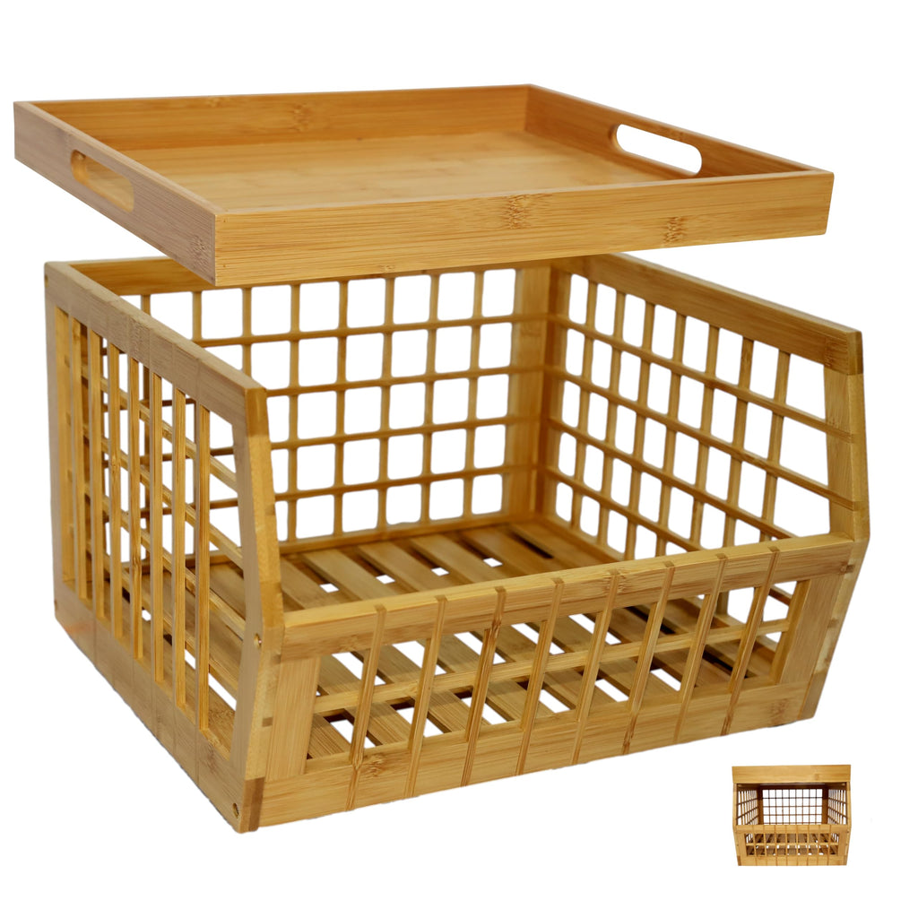 Bamboo Stackable Medium Storage Bins with Serving Tray Lid G6174