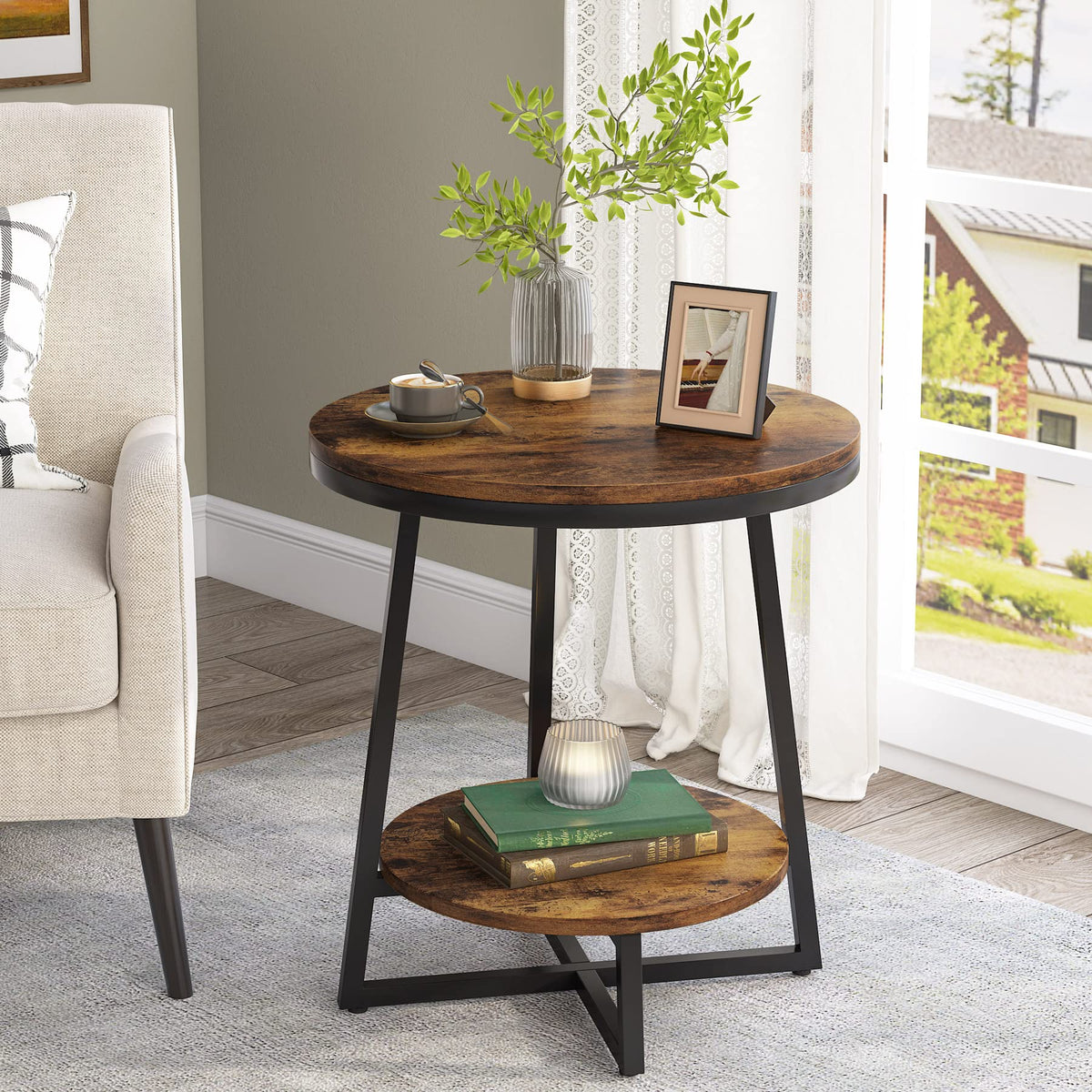2 Tier Round End Table with Storage Shelf U97409