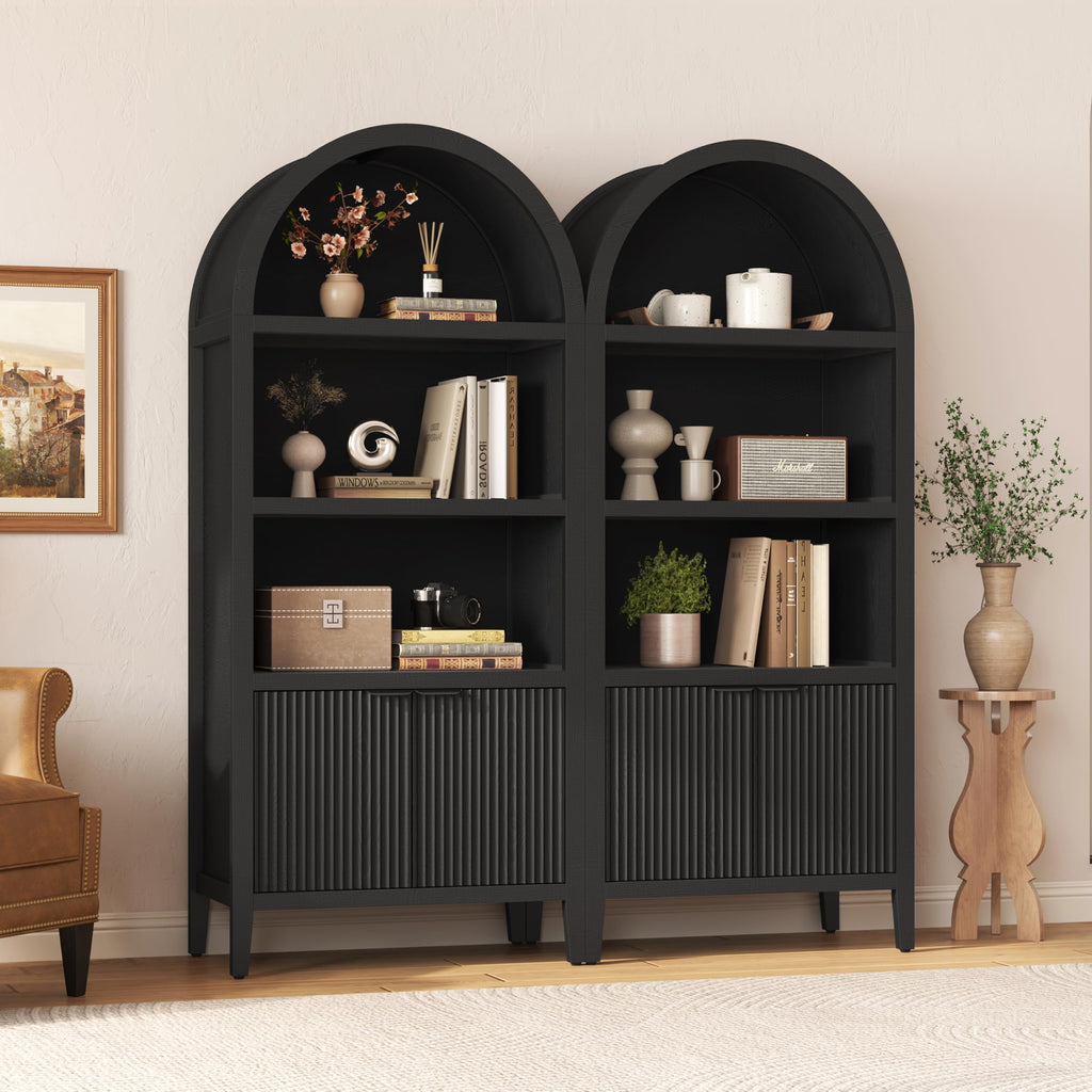 Black 5-Tier Arched Bookshelf with Fluted Doors N67108