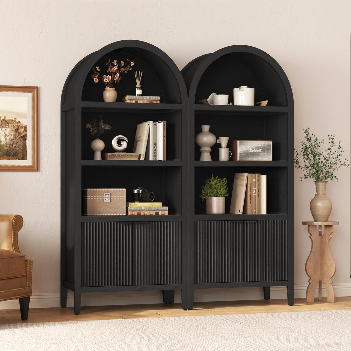 Black 5-Tier Arched Bookshelf with Fluted Doors N67108
