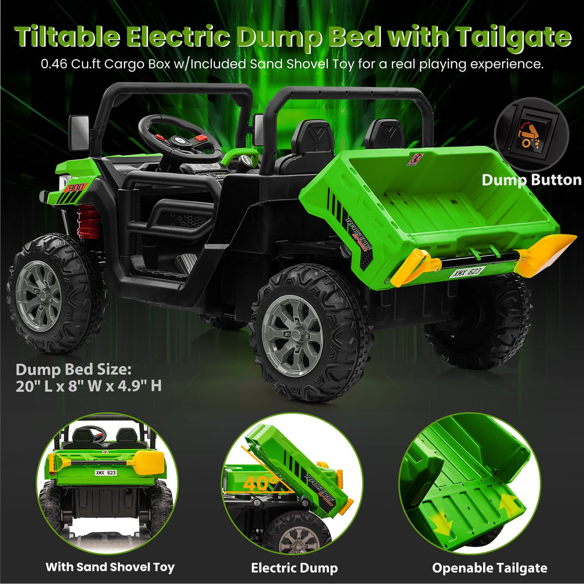 24V 4WD Ride on Truck Car with Dump Bed, 2 Seaters, Remote Control, Green N2511