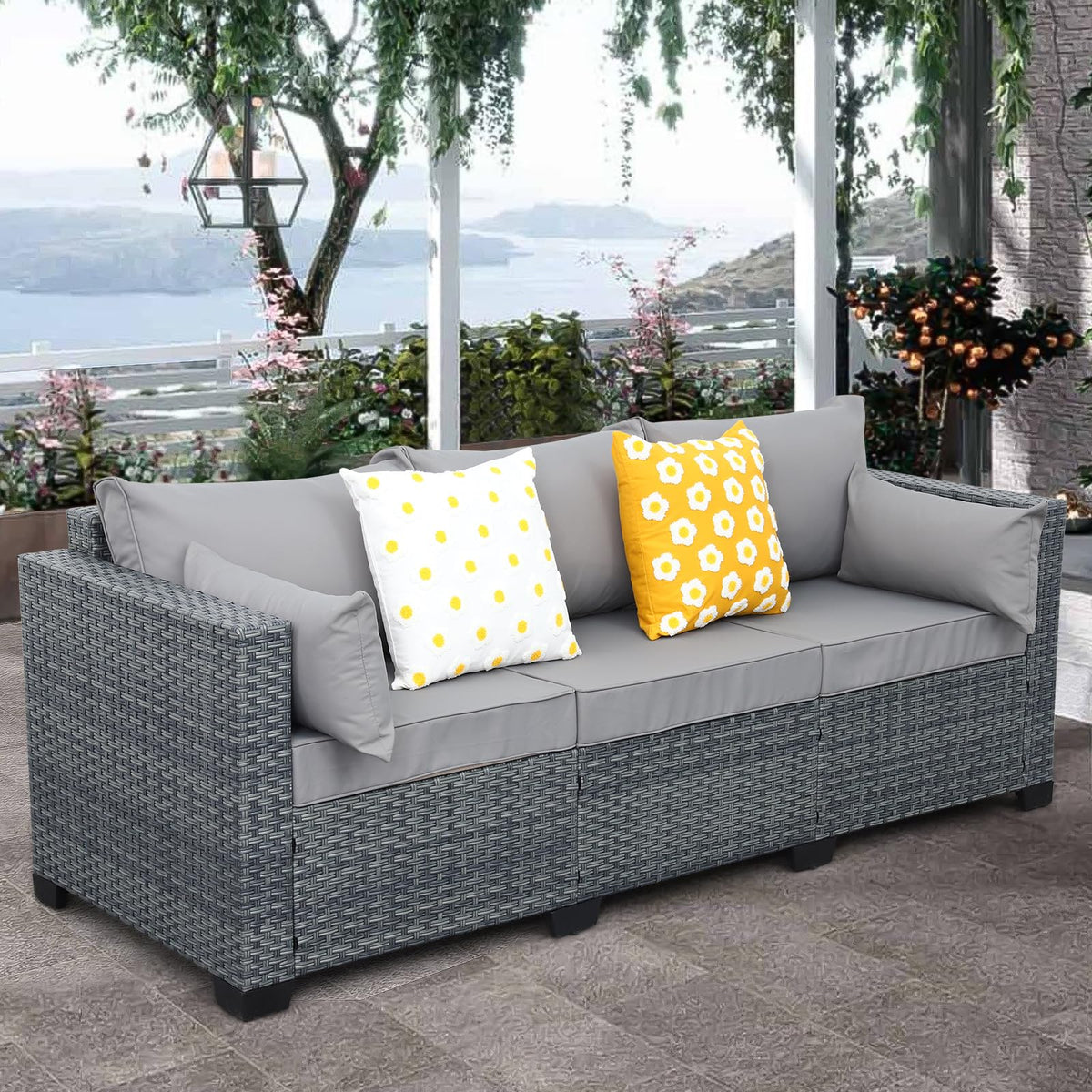 Light Grey Wicker 3-seat Outdoor Sofa with Cushions T925