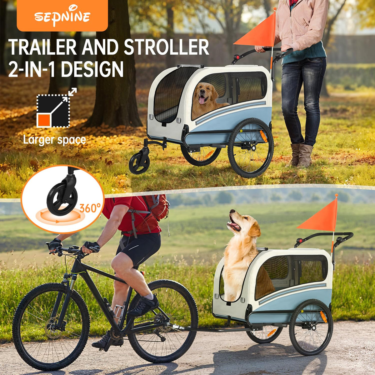 Dog Bike Trailer, 2-in-1 Pet Stroller Cart Bicycle Carrier, Folding with Quick Release Wheels N8447
