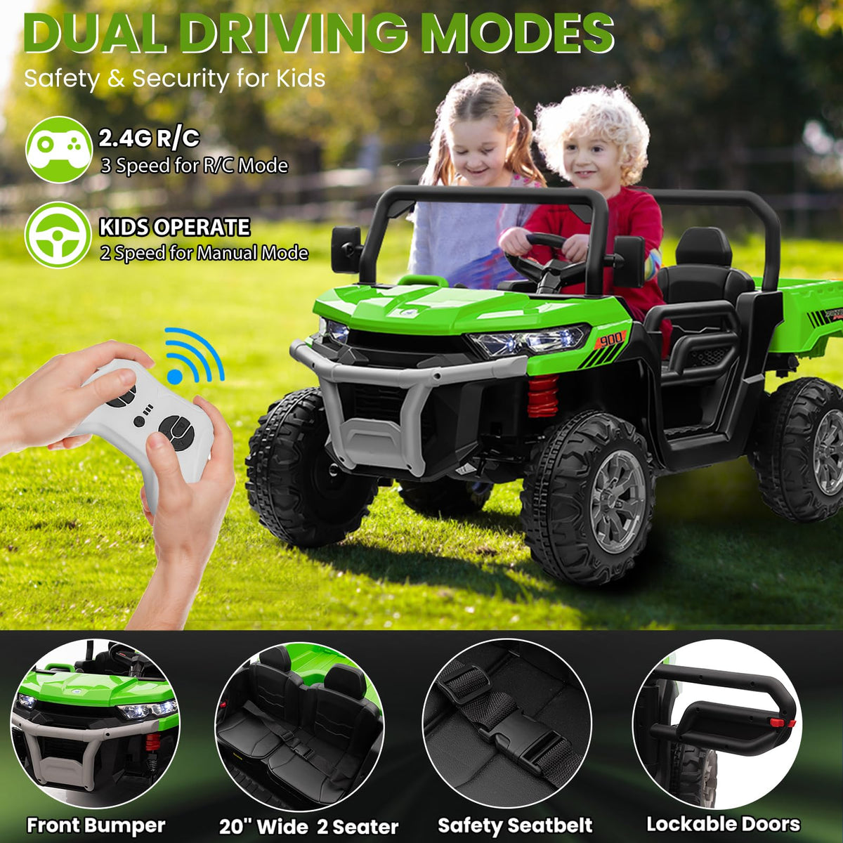 24V 4WD Ride on Truck Car with Dump Bed, 2 Seaters, Remote Control, Green N2511