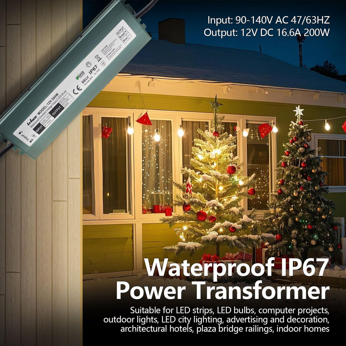 2 Pack 12V 200W Waterproof IP67 LED Driver S6009