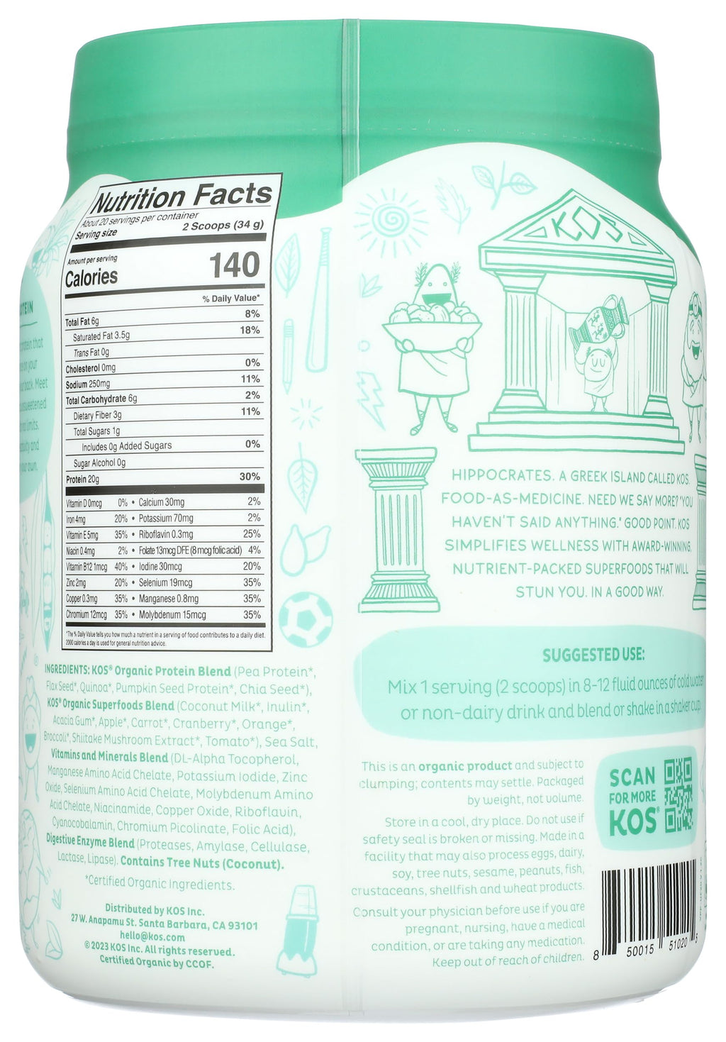 Vegan Protein Powder, Unflavored & Unsweetened Pea Protein Blend, 20 Servings K38029