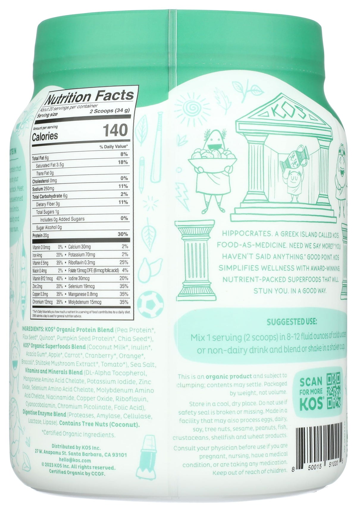 Vegan Protein Powder, Unflavored & Unsweetened Pea Protein Blend, 20 Servings K38029