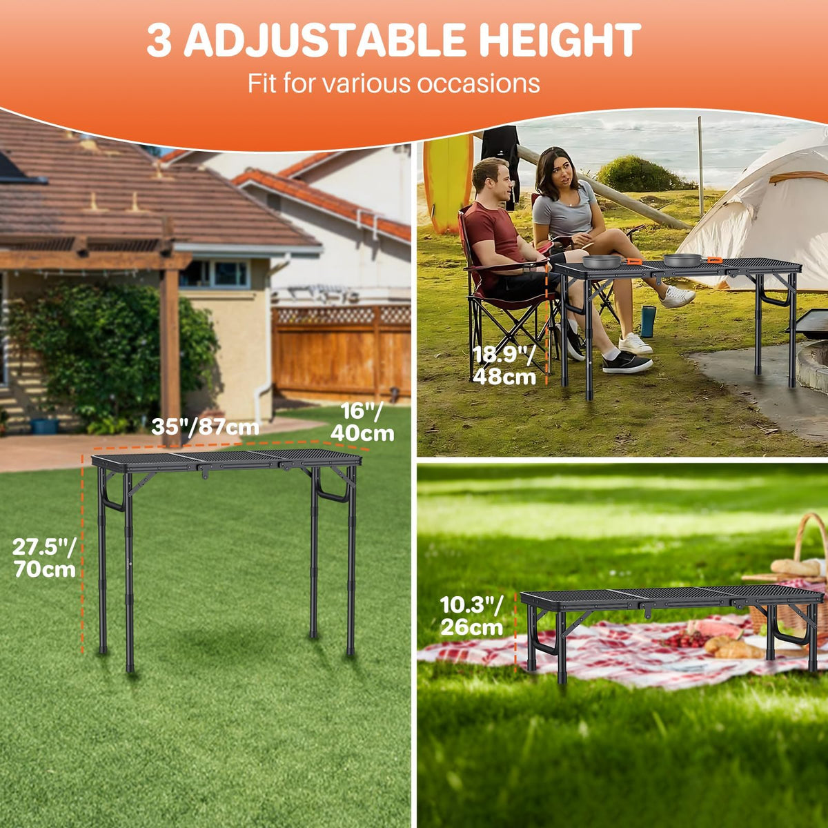 Folding Grill Table 3ft 3 Adjustable Heights Black K968