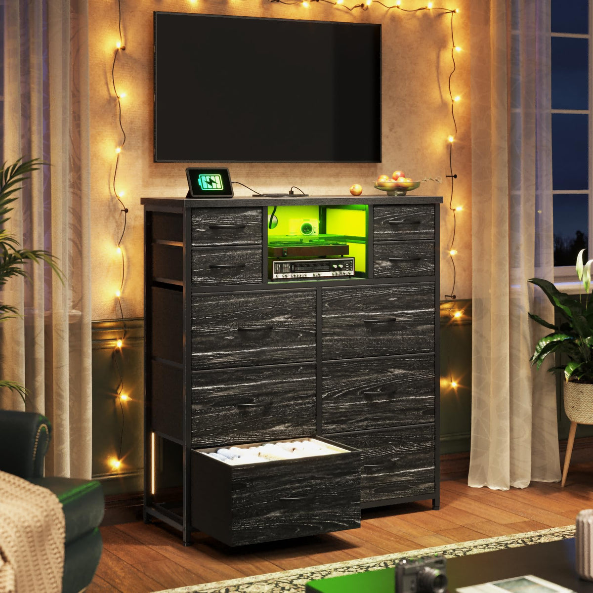 Black 10 Drawer Dresser with LED & Charging Station J841