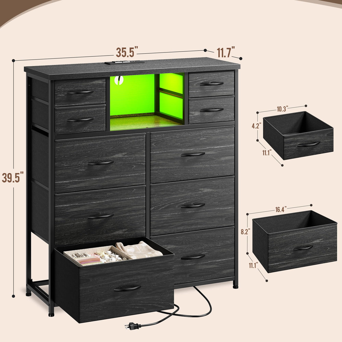 Black 10 Drawer Dresser with LED & Charging Station J841