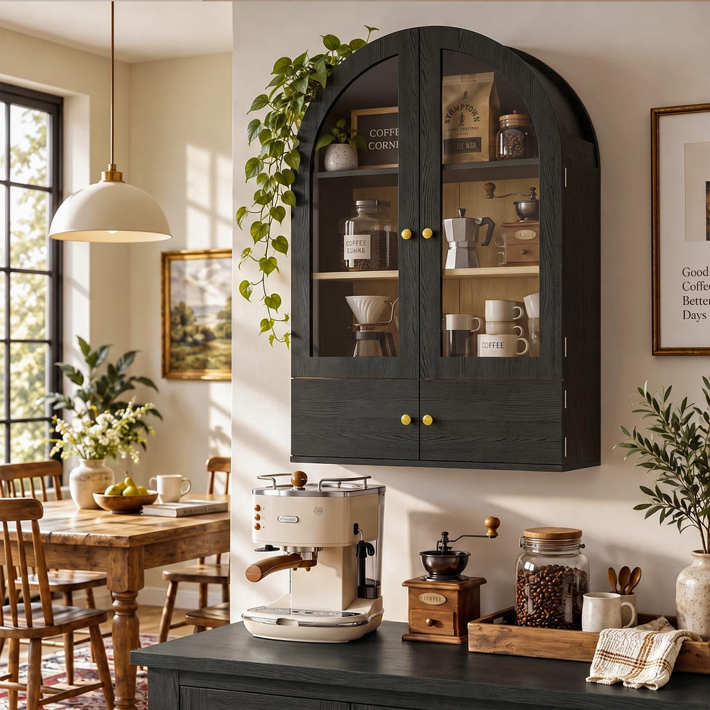 Black Arched Wall Mounted Cabinet with Glass Doors L58476