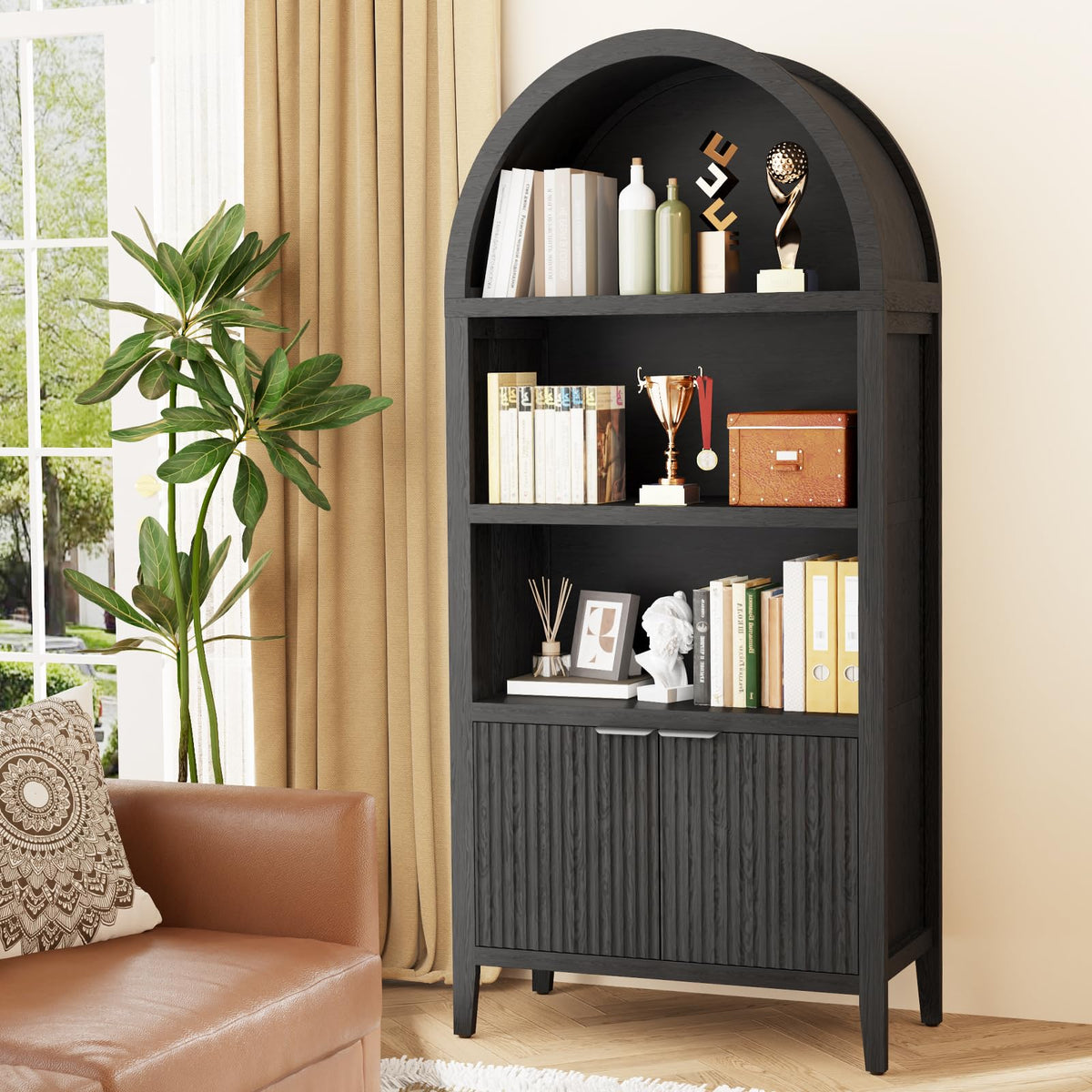 Black 5-Tier Arched Bookshelf with Fluted Doors N67108