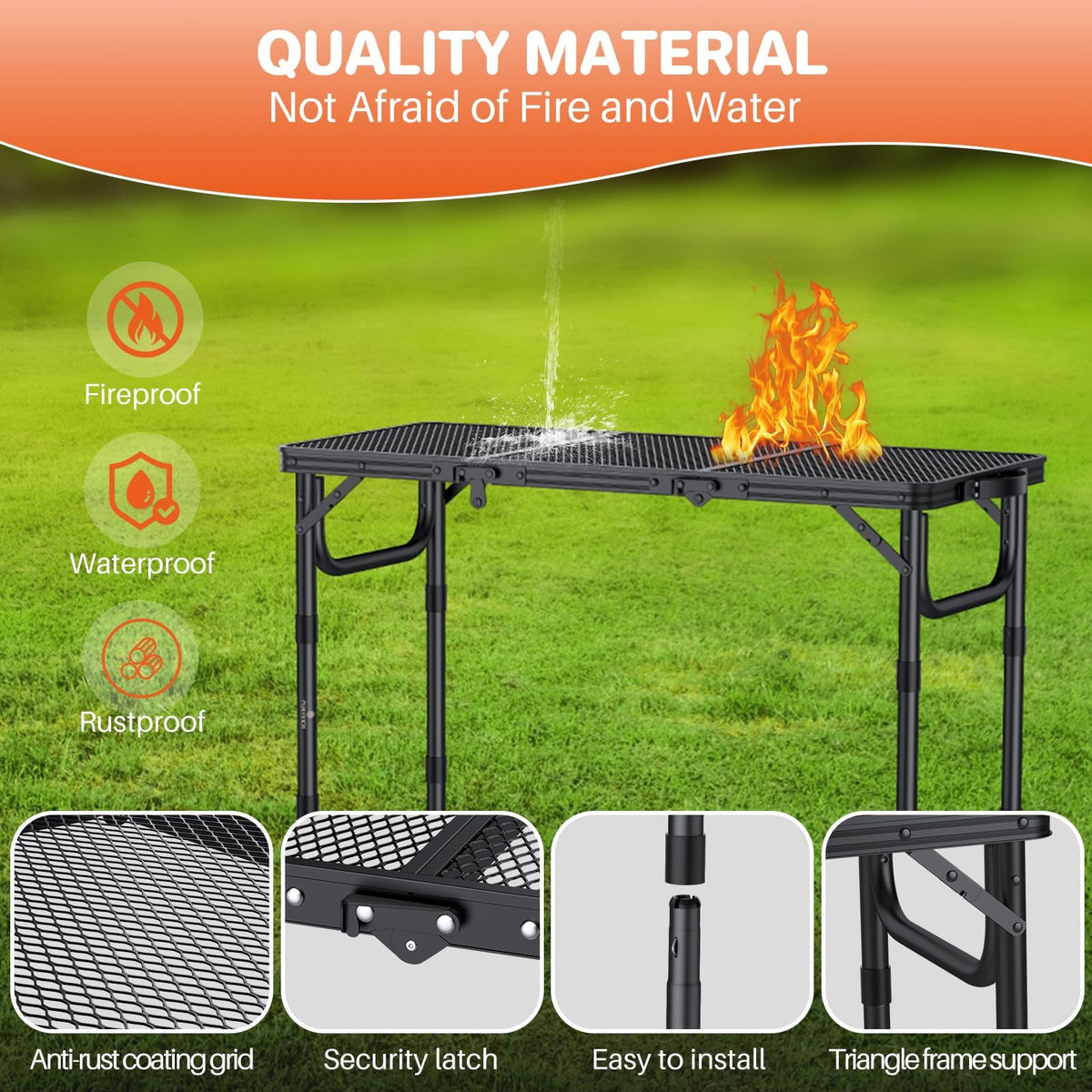 Folding Grill Table 3ft 3 Adjustable Heights Black K968